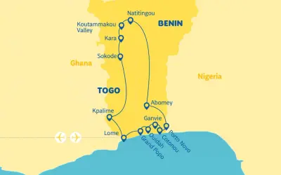 Trasa podróży przez Benin, Togo i Ghanę. Mapa pokazuje miasta takie jak Natitingou, Kpalime, Lome, Ouidah, Cotonou i Porto Novo.