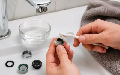 Czyszczenie sitka w baterii kuchennej: ręce szczoteczką delikatnie usuwają osad z wyjętego aeratora.