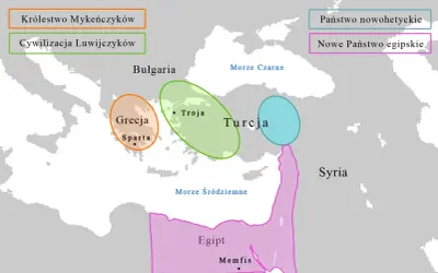 Mapa Europy i Bliskiego Wschodu z zaznaczonymi obszarami: Grecja, Troja, Egipt, Syria, Bułgaria, państwa Luwijczyków i Mykeńczyków.