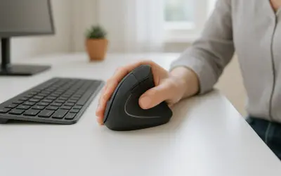 En hand håller en ergonomisk datormus. Ett tangentbord och en datorskärm syns i bakgrunden.