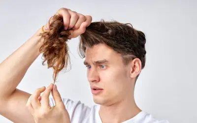Mann mit blauen Augen betrachtet besorgt seine extrem kaputten Haare, die er in der Hand hält.