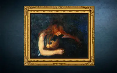 En kvinna med rött hår omfamnar ett barn i mörka toner. Edvard Munch fakta: Målningen heter "Madonna".