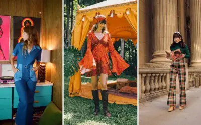 Kobiety w stylizacjach z lat 70.: dżinsowy kombinezon, sukienka w stylu boho i kraciaste spodnie.