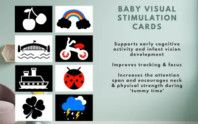 Baby visual stimulation cards featuring cherries, rainbow, bridge, bike, ship, ladybug, clover, and storm clouds. Perfect for infant vision development.