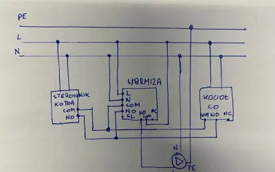 Schemat podłączenia pompy CO do sterownika WBRM12A. Widoczny sterownik kotła, moduł WBRM12A i kocioł.