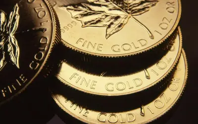 Stosik błyszczących monet ze złota inwestycyjnego z liściem klonu. Napisy "FINE GOLD" i "1 OZ" są wyraźnie widoczne.