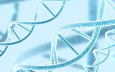 Błękitne, spiralne struktury DNA, symbolizujące polimorfizm i różnorodność genetyczną, unoszą się w eterycznym tle.