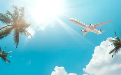Samolot leci na tle błękitnego nieba z palmami, jakby to był bilet lotniczy na wakacje.