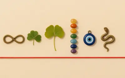 Symbole énergie spirituelle : un signe infini, un trèfle, une feuille de ginkgo, des pierres de chakra, un œil bleu et un serpent.