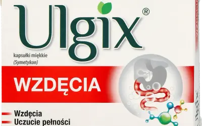 Opakowanie leku Ulgix na wzdęcia, z grafiką układu pokarmowego i molekułą symetykonu.