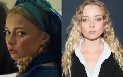 Obok obrazu z Jagną w niebieskim nakryciu głowy, zdjęcie współczesnej kobiety z falowanymi blond włosami.