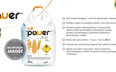 Worek nawozu sulfi power z kukurydzą i rzepakiem. Nawóz ten zawiera siarkę, magnez i azot, idealny na rzepak, kukurydzę i zboża.