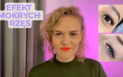 Kobieta z burzą blond loków prezentuje efekt mokrych rzęs. Dwa zbliżenia na oczy pokazują perfekcyjnie wykonane, gęste i długie rzęsy.