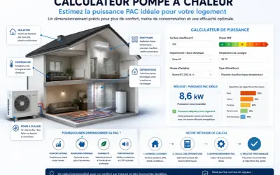 Un schéma illustre le dimensionnement d'une pompe à chaleur pour un logement, prenant en compte isolation, température et déperditions.