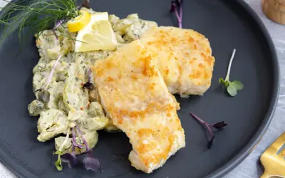 Gebratener Kabeljau mit Kartoffelsalat und Dill. Perfekt gebraten, wie lange? Ein Genuss!