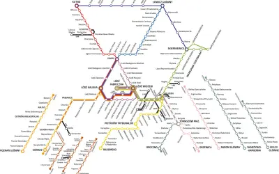 Rozkład jazdy ekspres bus Głowno-Łódź. Mapa linii kolejowych i autobusowych z zaznaczonymi stacjami.