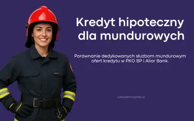 Uśmiechnięta strażaczka w hełmie. Kredyt hipoteczny dla mundurowych – porównanie ofert PKO BP i Alior Bank.