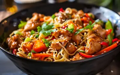 En läcker kyckling wok med nudlar, grönsaker och sesamfrön i en svart skål.