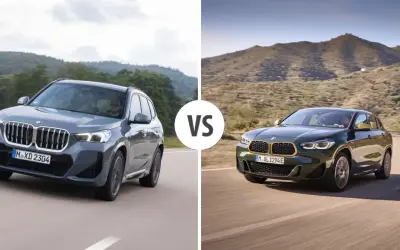 Porównanie BMW X2: szary SUV na tle gór i zielony na krętej drodze. Sprawdź BMW X2 wymiary i wybierz swój idealny model.