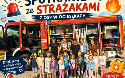Mistrzowie internetu, czyli strażacy z OSP w Ociesiękach, dzielą się wiedzą z dziećmi. Uczą się o bezpieczeństwie i pierwszej pomocy.