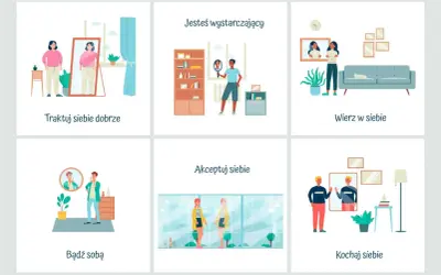 Grafika przedstawia sześć scen o tematyce samoakceptacji i budowania pewności siebie, tworząc pozytywny **kompleks** przesłań.
