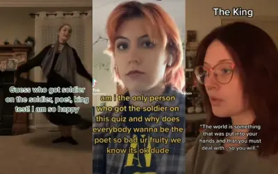 Trzy klipy wideo: dziewczyna tańczy, druga pyta o wynik testu "żołnierz, poeta, król", trzecia mówi o świecie.