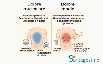 Confronto tra dolore muscolare e renale. Il dolore muscolare è superficiale, peggiora col movimento e dà sollievo con massaggi e calore. Il dolore renale è profondo, costante, associato a sintomi urinari e manovra lombare positiva.