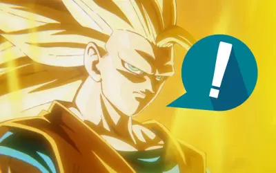 Goku als Super Saiyajin, mit seinem ikonischen goldenen Haar und einem Ausrufezeichen in einer Sprechblase.