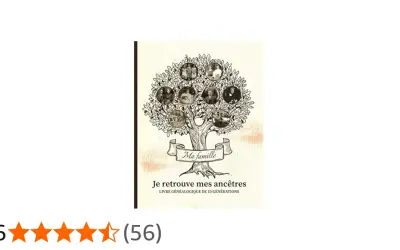Livre "Je retrouve mes ancêtres", illustré d'un arbre généalogique avec des portraits de mes ancêtres.