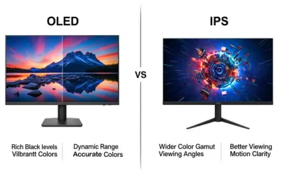 Comparativa de tipos de pantalla: OLED con colores vibrantes y negros profundos, frente a IPS con amplio espectro de color y mejor visión.
