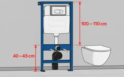 Schemat instalacji WC podtynkowego. Wymiary: 100-110 cm (wysokość spłuczki), 40-45 cm (odległość WC od ściany).