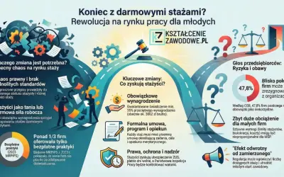 Ilustracja przedstawia schematycznie rynek staży, z elementami prawnymi i statystykami.