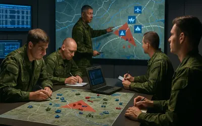 Wojskowi planują strategię na mapie taktycznej, jak w grach o wojnie.