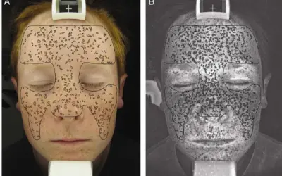 Confronto tra pelle senza crema solare (A) e pelle esposta a luce UV (B), evidenziando i danni solari.