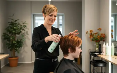 Friseurin sprüht veganes Produkt ins Haar einer Kundin. Ein moderner vegan friseur Salon.