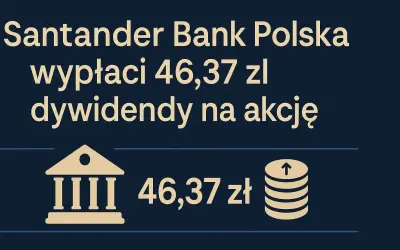 Santander Bank Polska wypłaci 46,37 zł dywidendy na akcje. Ikona banku i stos monet symbolizują zysk z akcji.
