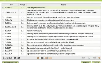 Wybór dokumentu ZUS DRA - deklaracja rozliczeniowa. Lista zawiera różne typy dokumentów ZUS.