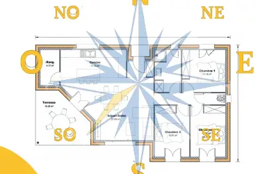Plan d'une maison avec indication des points cardinaux. Idéal pour des maisons du midi, avec terrasse et pièces bien orientées.
