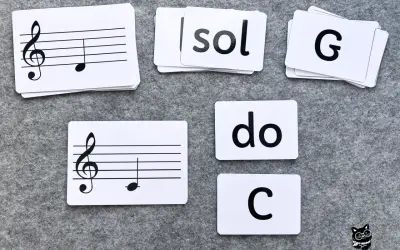 Nuty na pięciolinii dla dzieci: karty z nutami, literami "sol", "do", "G", "C" pomagają w nauce muzyki.