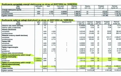 Szczegółowy rachunek za prąd z podziałem na sprzedaż energii i dystrybucję. Widać tu zużycie energii elektrycznej w kWh, ceny jednostkowe, podatki i łączną kwotę brutto.