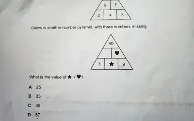 Piramidy matematyczne: jedna z brakującymi liczbami, druga z symbolem serca i gwiazdy. Oblicz sumę gwiazdy i serca.