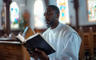 Un homme en robe blanche lit un livre dans une église, peut-être en se renseignant sur les conditions du baptême catholique.