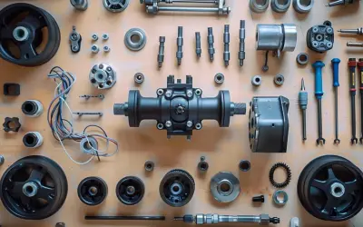 Vue éclatée de pièces mécaniques, dont une **tête électrovanne** centrale, des roues, des vis et des outils.
