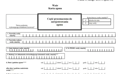 Karta zgonu - formularz do wypełnienia. W weekendy akt zgonu wystawia dyżurny lekarz.