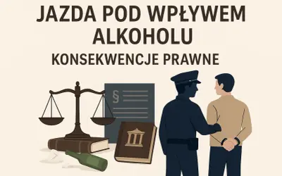 Jazda po alkoholu to poważne wykroczenie, grozi za nią 178a kk. Ilustracja pokazuje zatrzymanie przez policję, wagę sprawiedliwości i kodeks.
