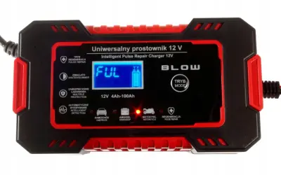 Uniwersalny prostownik 12V BLOW z funkcją regeneracji. Idealny wybór, jaki prostownik do motocykla, samochodu, AMG/żel. Wyświetlacz pokazuje "FUL".
