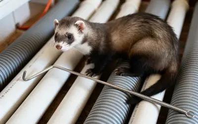 Un furet curieux, peut-être coincé dans une canalisation, observe un outil de déblocage.