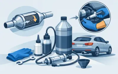 Illustration visar verktyg och vätskor för att fylla på motorolja i en bil. En spruta används för att fylla på olja i motorn.