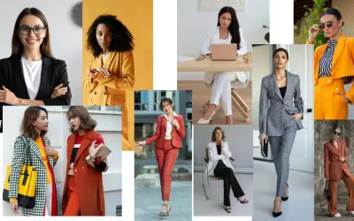 Kobiety w stylizacjach business casual: garnitury, marynarki i eleganckie spodnie.