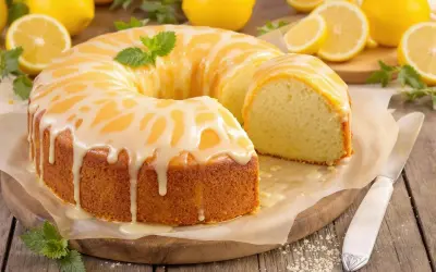 Un délicieux gâteau au citron, nappé d'un glaçage blanc et décoré de menthe fraîche. Une part a été coupée, révélant sa texture moelleuse.